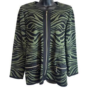 Misook Womens Large Zebra Print Knit Jacket Green Black Zip Front Shoulder Pad